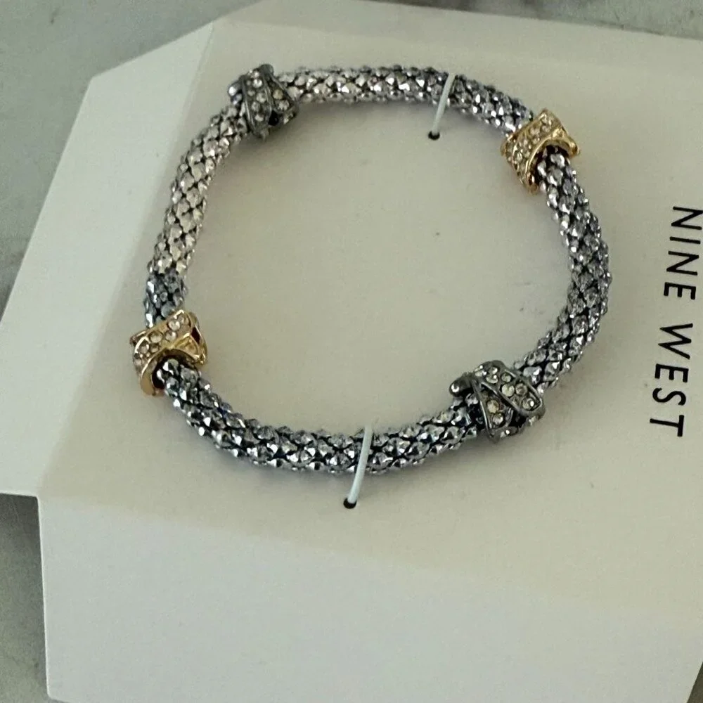 Nine West Silver-Tone Mesh Bracelet With Gold & Silver Crystal-Embellished Accen
